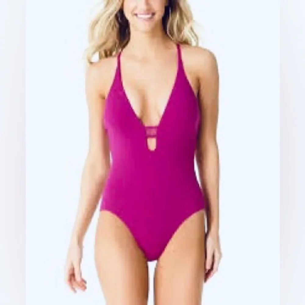 Cole of California Cross Back Plunge One Piece Maillot Swimsuit Berry 10